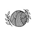 Vector illustration in doodle style. a ball of wool and a wreath of leaves. simple logo, icon with a ball of wool for knitting, cr Royalty Free Stock Photo
